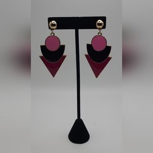 80's Inspired Geometric Balck and Fushia Stud Earings